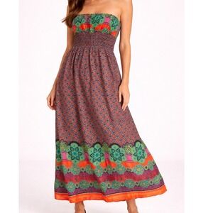Floating Lotus Boho Strapless Smocked Empire Waist Midi Dress M L Colorful Print
